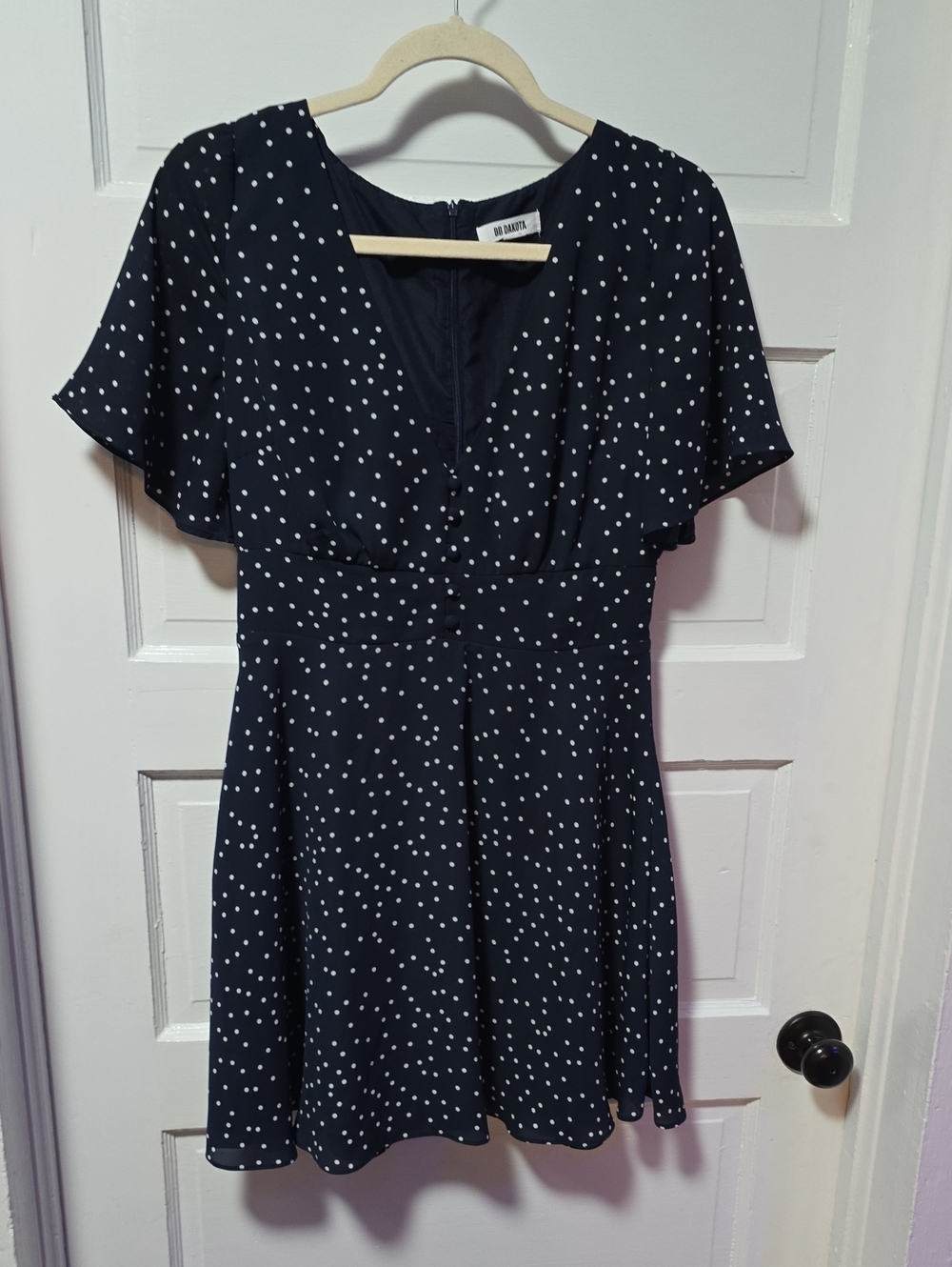 BB Dakota Navy Polka Dot Flutter Sleeve Dress